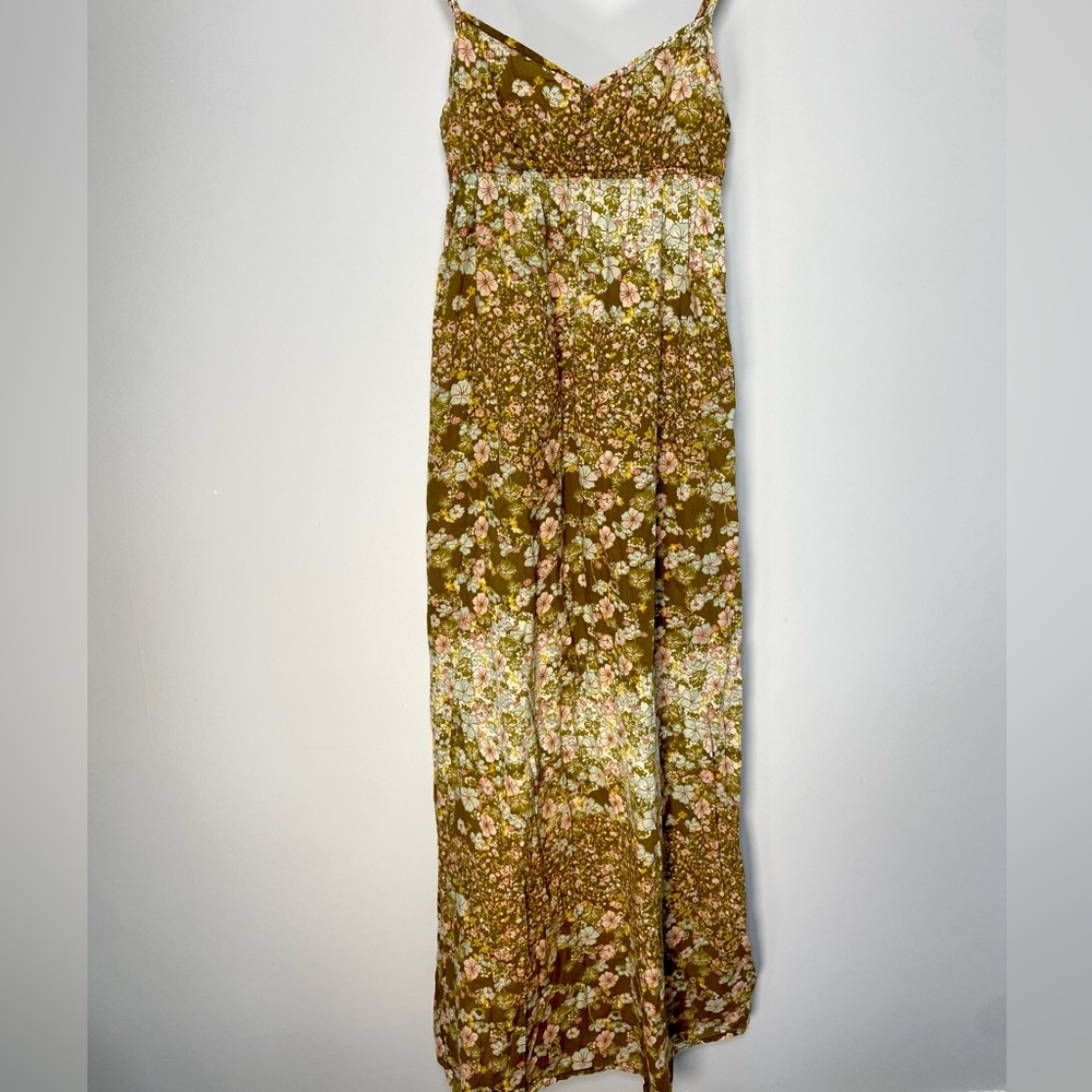 H&M Floral Maxi Dress Babydoll Milkmaid Green Pink Cottagecore Boho Hippie Beach